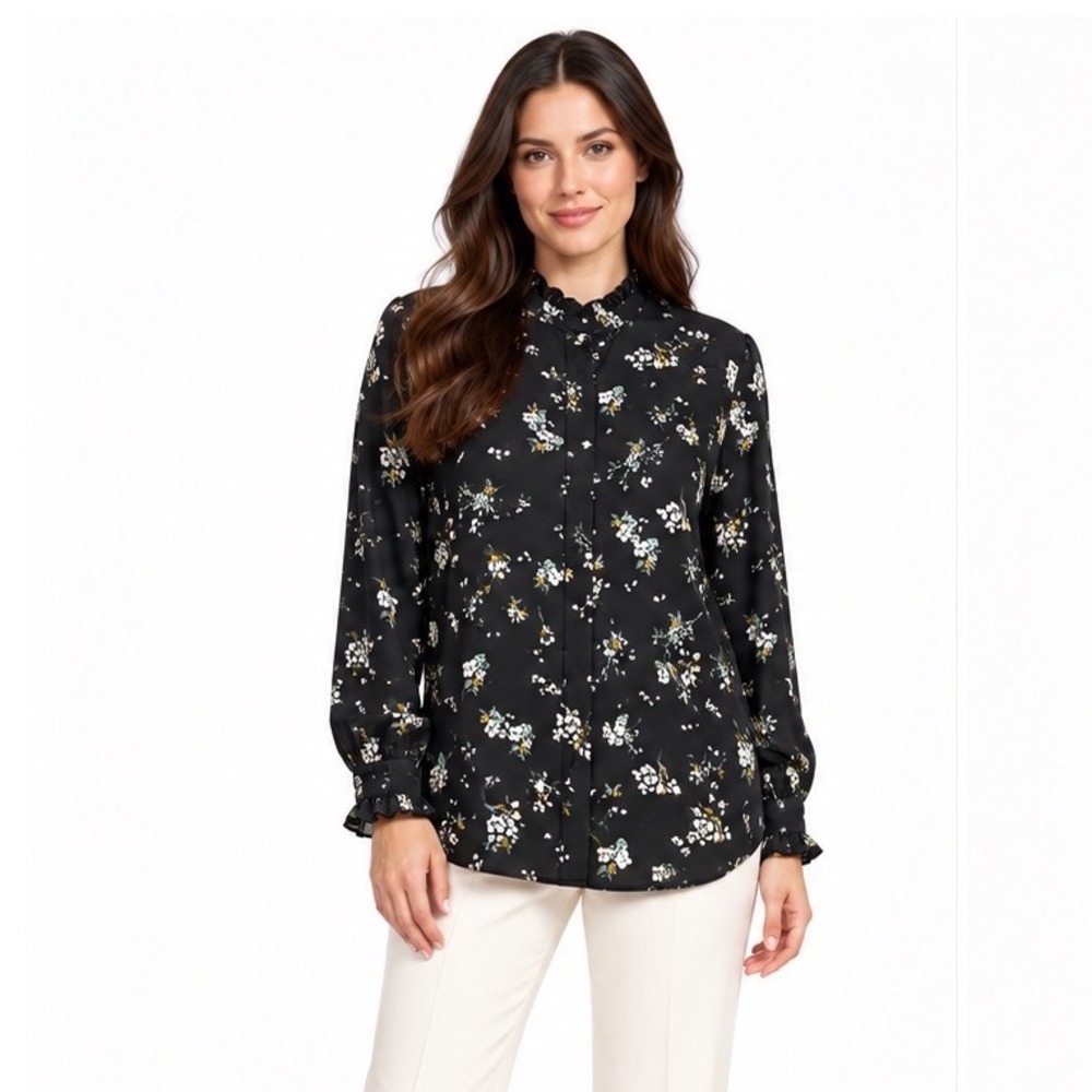 H&M Black Floral Ruffle Neck Button Down Blouse Long Sleeve Top 12 Career 119-33
